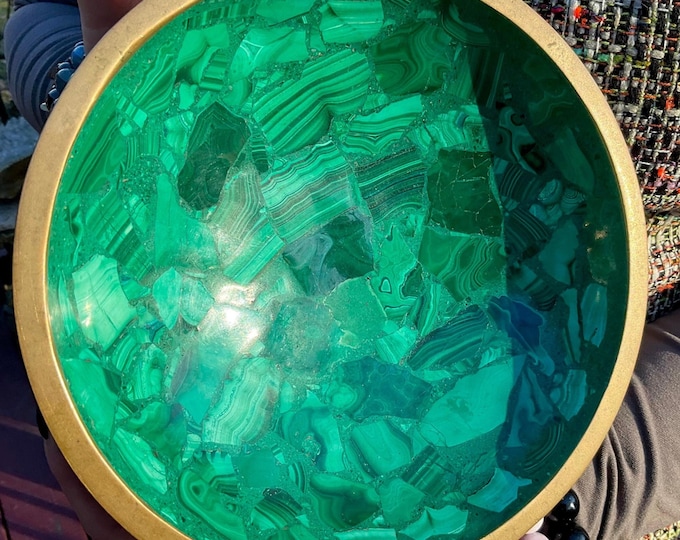 Malachite Jewelry Dish ~ Large 1 Lb. 8 oz. ~ 7 1/2" Oval ~ Polished Stone Brass Trim ~ Vintage Hand Carved ~ Green Swirling Bullseye Color