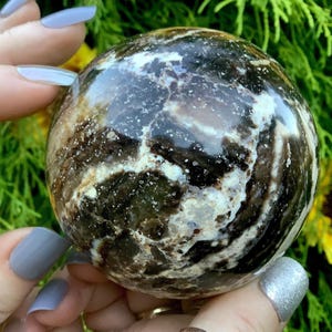 CLEARANCE! ~ Black Opal Crystal Ball ~ 3" Wide ~ Large 14 oz. ~ Black & White Swirling Colors ~ Reiki Display ~ Fast Free Shipping, Rare