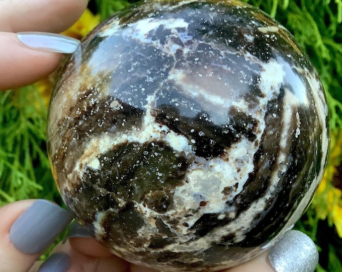 CLEARANCE! ~ Black Opal Crystal Ball ~ 3" Wide ~ Large 14 oz. ~ Black & White Swirling Colors ~ Reiki Display ~ Fast Free Shipping, Rare