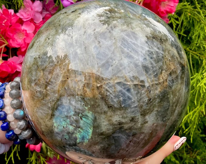 Labradorite Crystal Ball ~ Large 8 Lb. ~ 5" Wide ~ Flashing Blue & Gold Iridescent Colors ~ Fast and Free Shipping, USA