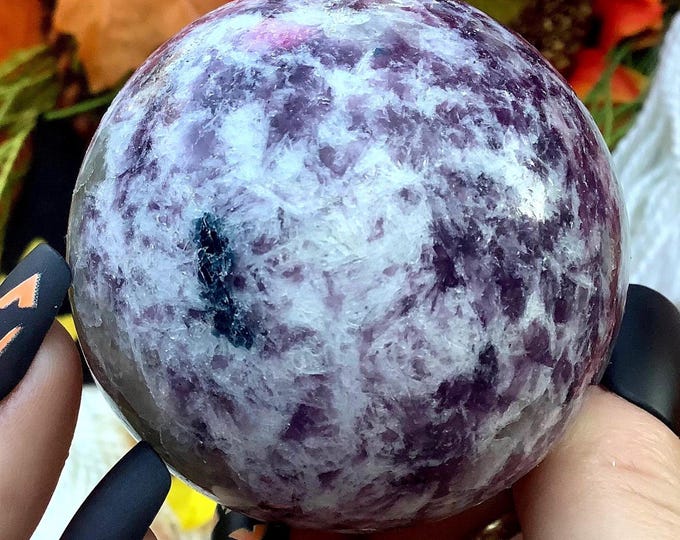 Lepidolite Crystal Ball ~ 10 oz ~ 2 1/2" Wide ~ Sparkling Purple Colors ~ Smokey Quartz Inclusions ~ Crown Chakra Altar, Reiki Healing Decor