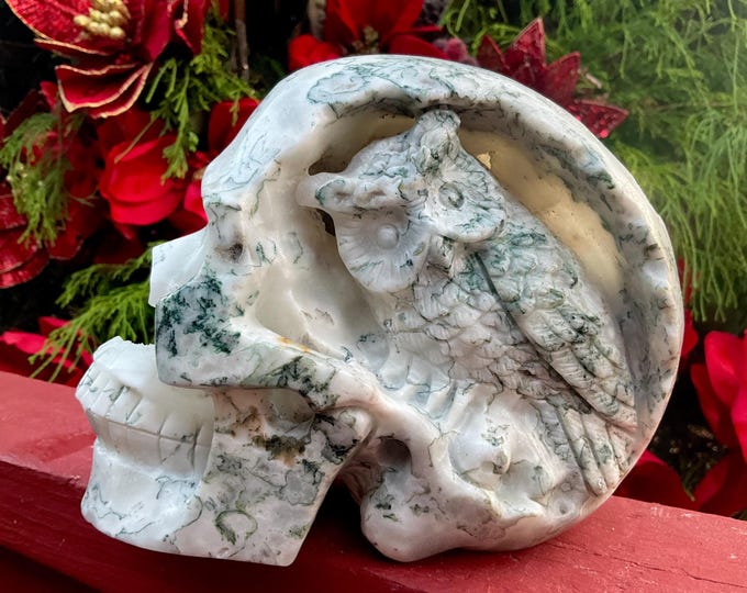 Moss Agate Crystal Skull ~ Large 5 Lb. 2 oz.~ 7" Long ~ Hand Carved Life Size with Owl Carving ~ Sparkling Inclusions ~ Green & White Colors