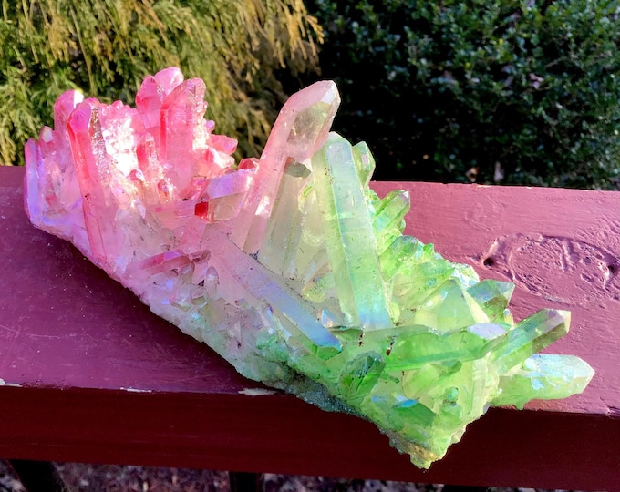 Pink & Green Aura Quartz Crystal Cluster ~ Large 1 Lb. 4 oz. ~ 7" Long ~ Electric Rainbow Iridescent Sparkling Points ~ Fast, Free Shipping