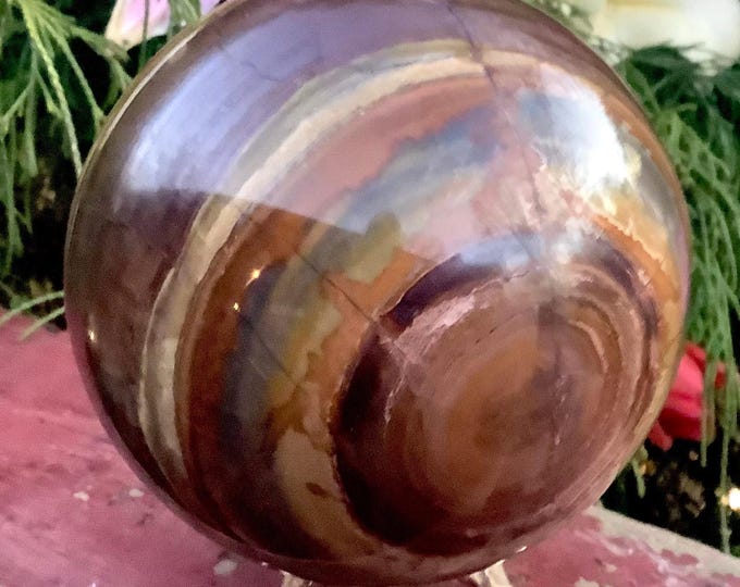 Tigers Eye Crystal Ball ~ 5 Lb. 2 oz. ~ 4" Wide Sphere ~ Sparkling Polished Swirling Golden-Red-Brown Black Colors ~ W/ Brass Display Stand