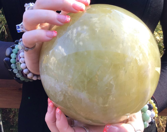 Citrine Crystal Ball ~ Large 12 Lb 9 oz. ~ 7" Wide ~ Golden Yellow Banded Quartz Sphere ~ Swirling White Lines ~ Sparkling Gold Inclusions