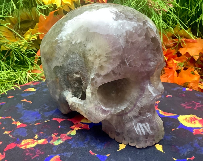 Rainbow Fluorite Crystal Skull ~ Large 8 Lb 6 oz ~ 7" Long~ Hand Carved ~ Translucent Purple, Green Clear Crystal Sculpture ~ Free Standing