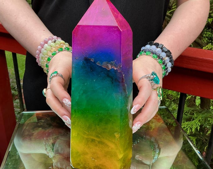 Rainbow Aura Fluorite Crystal Generator ~ 7 lb. 9 oz.~ 10" Tall Tower ~ Colorful Pink Blue Green Yellow Color ~ Fast & Free Shipping U.S.A.