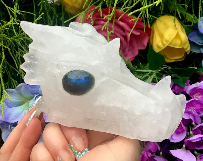 Clear Quartz Crystal Dragon Skull ~ Large 1 Lb. 9 oz. ~ 4 1/2" Long ~ Sparkling Blue Labradorite Eyes ~ Metaphysical Home Decor, Altar ~