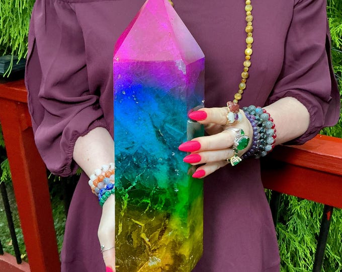 Rainbow Aura Fluorite Crystal Generator ~ 15 lb. ~ 14" Tall Tower ~ Colorful Pink Blue Green Yellow Color ~ Fast & Free Shipping, U.S.A.
