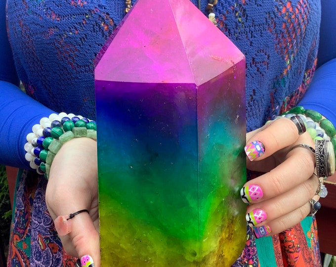 Rainbow Aura Fluorite Crystal Generator ~ Large 7 Lb. 8 oz. ~ 8" Tall Tower ~ Swirling Purple Green & Yellow Colors ~ Fast Free Shipping