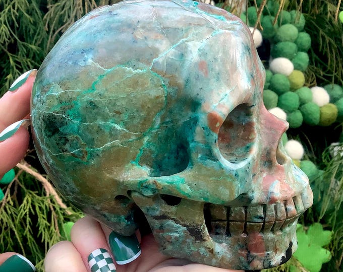 Chrysocolla Crystal Skull ~ 2 Lb. 12 oz. ~ Swirling Green and Blue Colors ~ 5" Long ~ Throat Chakra & Heart Chakra Reiki Altar Display ~
