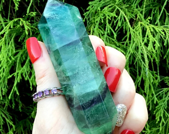 Green Fluorite Double Terminated Wand ~ 4.5 oz. ~ 4" Long ~ Sparkling Purple, Blue, Rainbow Colors ~ Metaphysical Home Decor ~ Fast Shipping