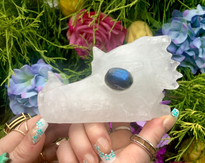 Clear Quartz Crystal Dragon Skull ~ Large 1 Lb. 9 oz. ~ 4 1/2" Long ~ Hand Carved Dragon Sculpture with Sparkling Blue Labradorite Eyes