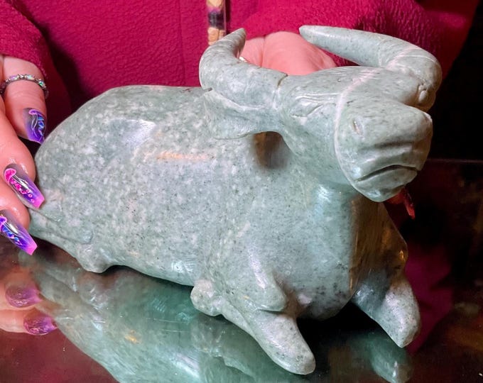 Serpentine Water Buffalo ~ 4 Lb. 4 oz. ~ 7" Long ~ Vintage Hand Carved Zimbabwean Sculpture ~ Swirling Natural Earth Colors ~ Shona Stone