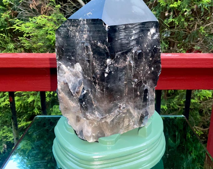 Black Morion Quartz Display Crystal 13 Lb. 8 oz.  Single-Terminated Point Cluster ~ 8" Tall ~Natural Black Color ~ Custom Hand Carved Stand