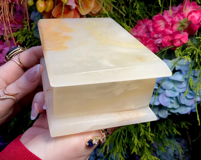 White Onyx Jewelry Box with Lid ~ 5" Long ~ Vintage Hand Carved Charging Box