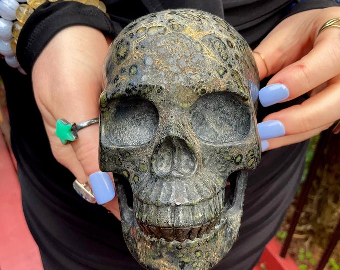 Kambaba Jasper Crystal Skull ~ Large 2 Lb. 11 oz. ~ 5" Long ~ High Quality ~ Expertly Hand Carved ~ Swirling Green & Black Colors