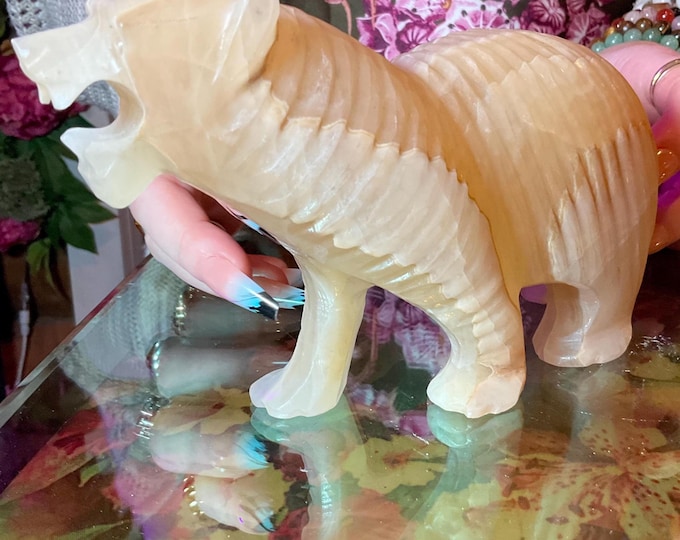 Vintage Gold & White Calcite Bear ~ Large 2 Lb. 5 oz.~ 7" Long ~ Hand Carved Museum Quality ~ Swirling Colors