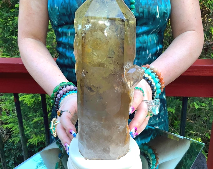 Clear Citrine Quartz Crystal Point ~ 6 Lb.  15 oz. ~ 10" Tall~ Sparkling Yellow with Golden Rainbow Inclusions ~ Custom Hand Carved Stand