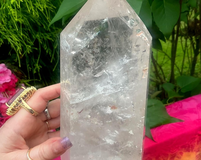 Clear Quartz Crystal Generator ~ Large 4 lb. 11 oz. ~ 8" Tall ~ White Ghost Floating Clouds Big Sparkling Rainbow Inclusions