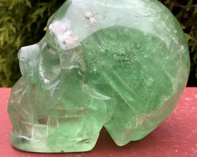 CLEARANCE ~ Green Fluorite Crystal Skull ~ Large 14 oz. ~ 3" Long ~ Hand Carved ~ Sparkling Translucent Crystal Sculpture ~