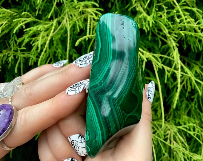 Malachite Freeform Crystal ~ Large 8.7 oz. ~ 3" Long ~ Beautiful Polished Mineral Specimen ~ Swirling Bullseye Patterns ~ Ships from USA ~