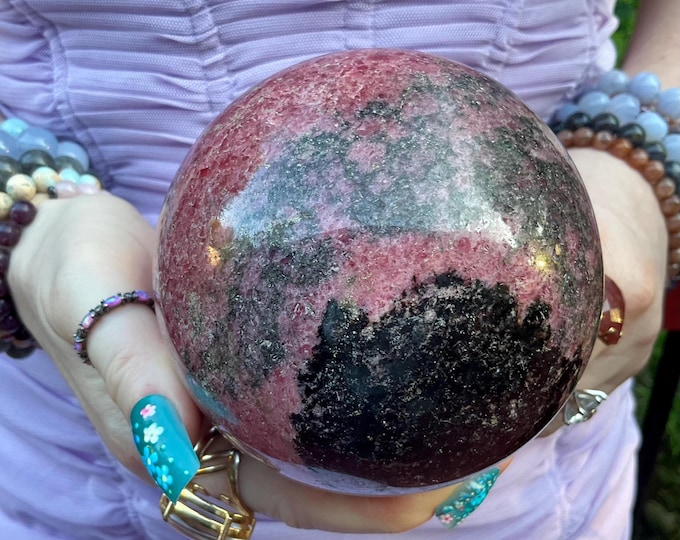 Rhodonite Crystal Ball ~ Large 3 Lb. 8 oz. ~ 4" Wide ~ Heart Chakra Reiki Healing Altar Display, Metaphysical Home Decor ~ Pink & Black ~