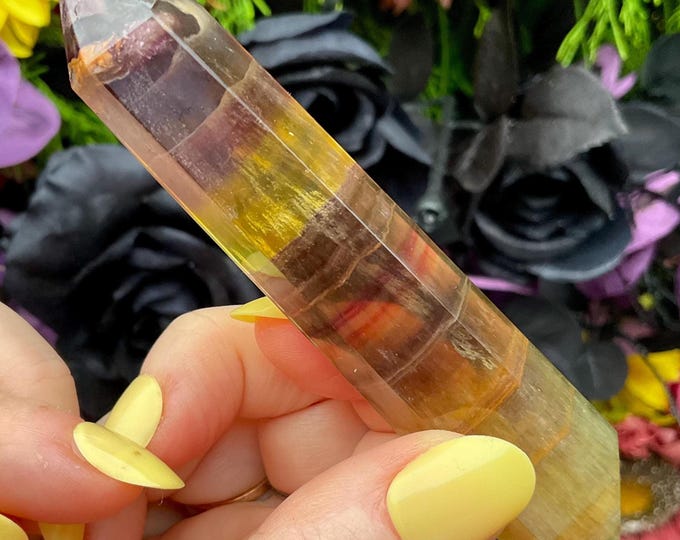 CLEARANCE ~ Rainbow Fluorite Double Terminated Wand ~ Large 2.4 oz. ~ 4" Long ~ Yellow, Gold, Purple