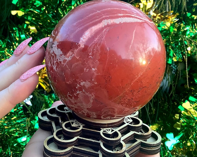 Red Jasper Crystal Ball w/ Birchwood Sacred Geometry Display Stand ~ Large 2 Lb.~ 3 1/2" Wide ~ Root Chakra Reiki Altar Decor, Metaphysical