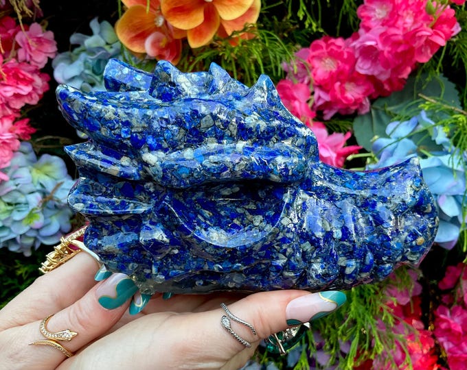Blue Lapis Lazuli Orgone Dragon Skull Large 2 Lb. 2 oz.  Crystal ~ 6" Long ~ Hand Carved Dragon Sculpture Colorful Sparkling Blue & Gold