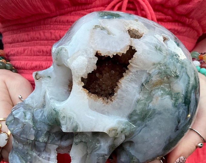 Moss Agate Crystal Skull ~ 4 Lb. 10 oz. ~ 6" Long ~ Swirling Green & White Colors ~ Expertly Hand-Carved Display Sculpture ~ Fast Shipping