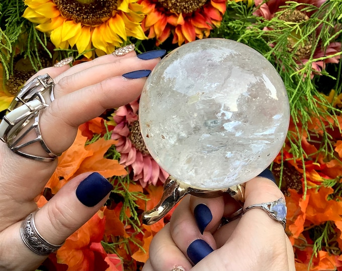 Clear Quartz Crystal Ball ~ 1 Lb 3 oz. ~ 3" Wide ~ Home Decor, Polished Sphere ~ with Brass Display Stand ~ Fast & Free Shipping from USA ~
