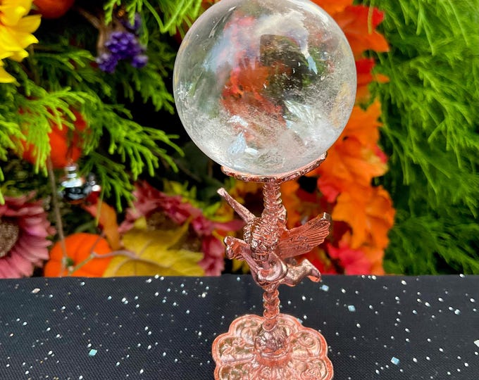 Clear Quartz Crystal Ball: 2" Polished Sphere with Rose Gold Cherub Stand