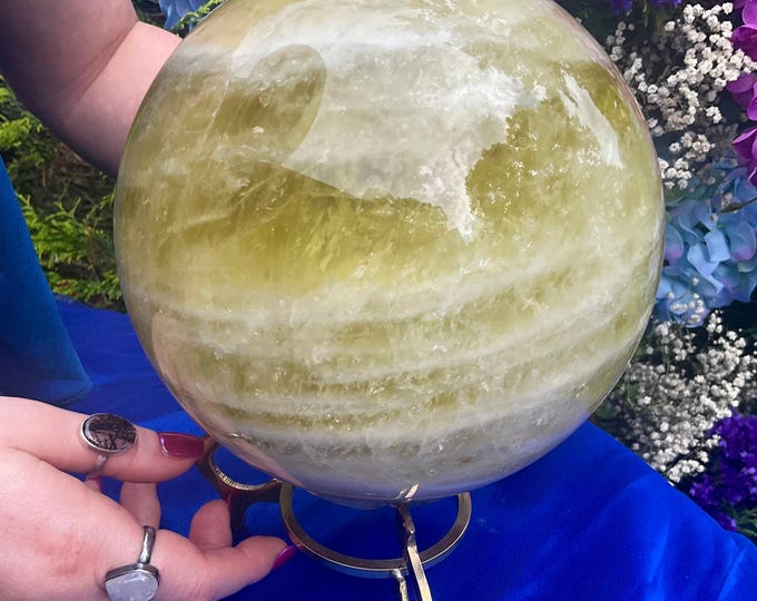 Citrine Crystal Ball with Brass Stand ~ Large 12 lb. ~ 6" Wide ~ Beautiful Golden Banded Sparkling Inclusions ~ Fast & Free Shipping, U.S.A.