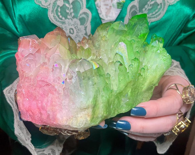 Pink & Green Aura Quartz Crystal Cluster ~ Large 1 Lb. 10 oz. ~ 5" Long ~ Electric Rainbow Iridescent Sparkling Points