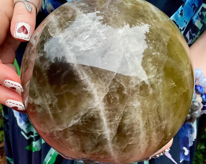 Smokey Citrine Crystal Ball ~ Large 10 Lb. 14 oz. ~ 6" Wide ~ Swirling White Banded Lines ~ Sparkling Silver & Gold Inclusions ~ Home Decor
