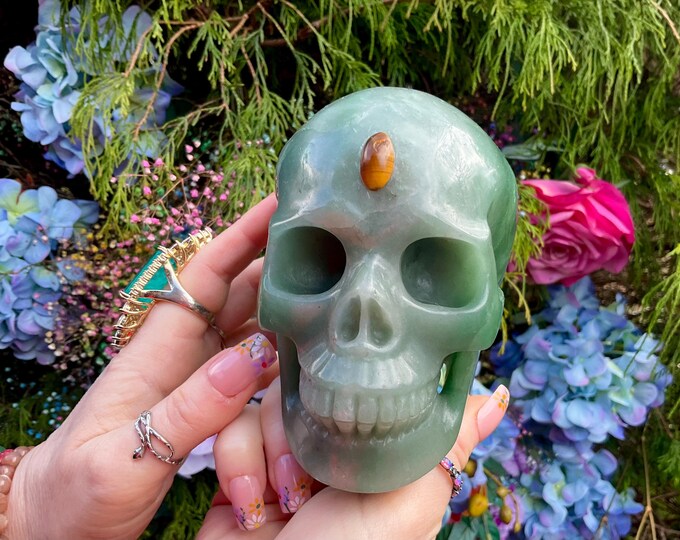 Green Aventurine Crystal Skull ~ Large 2 Lb. 14 oz. ~ 5" Long ~ Hand Carved with Golden Tigers Eye Third Eye ~ Fast & Free Shipping ~