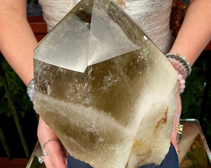 Clear Smoky Citrine Quartz Crystal Point ~ 14 Lb. 15 oz. ~ 10" Tall~ Sparkling Rainbows with Golden Inclusions ~ Custom Hand Carved Stand