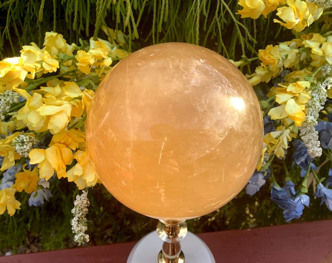 Yellow Calcite Crystal Ball ~ Large 3 Lb. Sphere ~ 4" Wide ~ Sparkling Golden Colors ~ Reiki Display ~ Fast Free Shipping