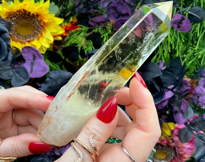 Citrine Quartz Crystal Wand ~ Large 6.8 oz. ~ 6" Long ~ High Altitude Himalayan Point ~ Clear & Yellow Phantoms Sparkling Rainbow Inclusions