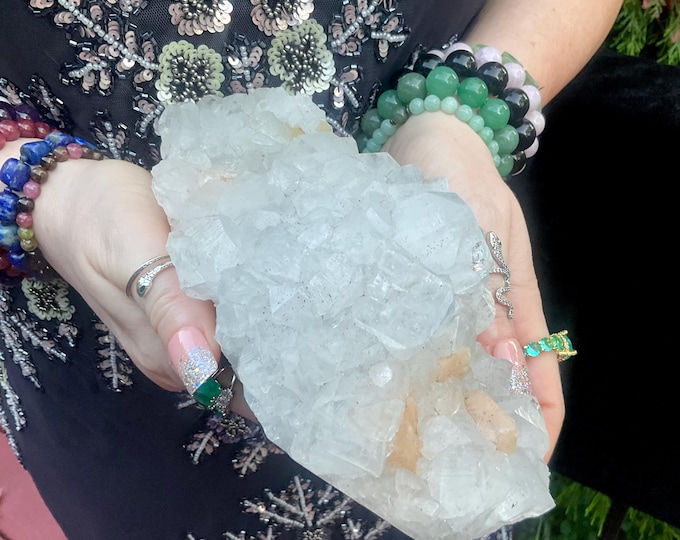 Apophyllite Crystal Cluster ~ Large 2 Lb. 10 oz. ~ 7" Long ~ Stunning Sparkling Zeolite ~ Loaded with Peach Stilbite ~ Ultra Rare Display