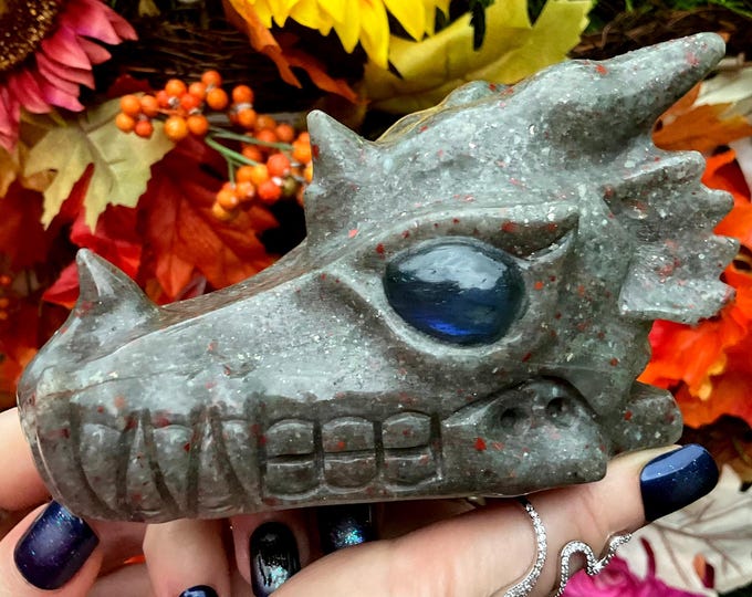 Bloodstone Dragon Crystal Skull ~ Large 1 Lb. 9 oz. ~ 5" Long ~ Labradorite Eyes, Hand Carved ~ Fast & Free Shipping USA + Global Shipping ~