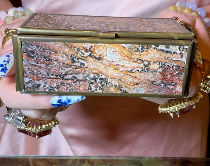 Snakeskin Jasper Jewelry Box with Hinged Lid ~ 4" Long Vintage Hand-Crafted from Western Australia with Brass Trim ~ Swirling Colors