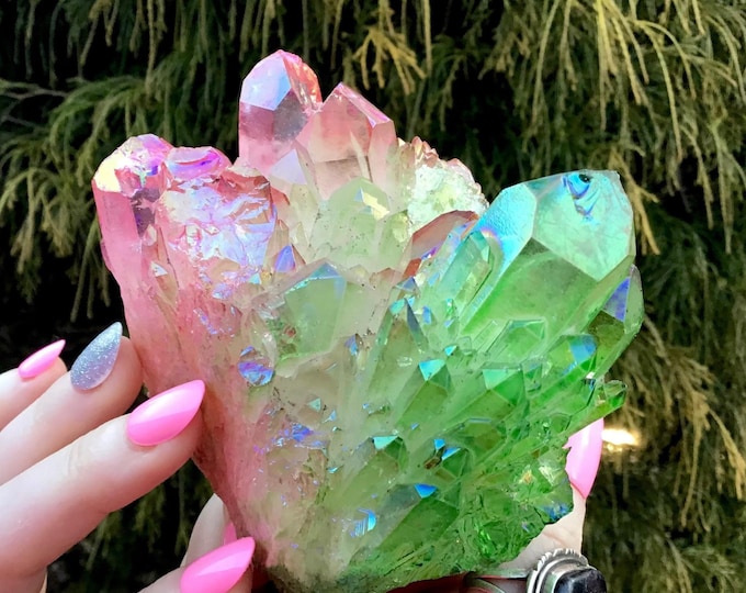 Pink and Green Aura Quartz Crystal Cluster ~ Large 1 Lb. 2 oz. ~ 4" Long ~ Heart Chakra Reiki Altar Display ~ Metaphysical Home Decor ~