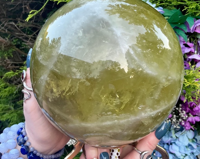 Large Citrine Crystal Ball with Brass Stand: Golden Yellow Metaphysical Decor