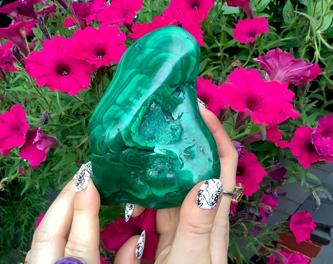Malachite Crystal Freeform ~ Large 1 Lb. 3 oz. ~ 4 1/2" Long ~ Swirling Bullseye Patterns ~ Beautiful Polished Green Mineral Specimen, Congo