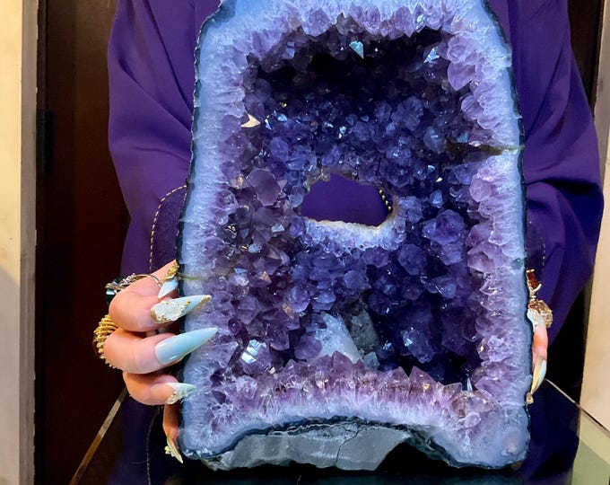 Amethyst Crystal Cathedral Cluster ~ Large 9 Lb. 7 oz. ~ 10" Tall ~ Reiki Display ~ Sparkling Purple Quartz Points ~ Fairy Cave with Calcite