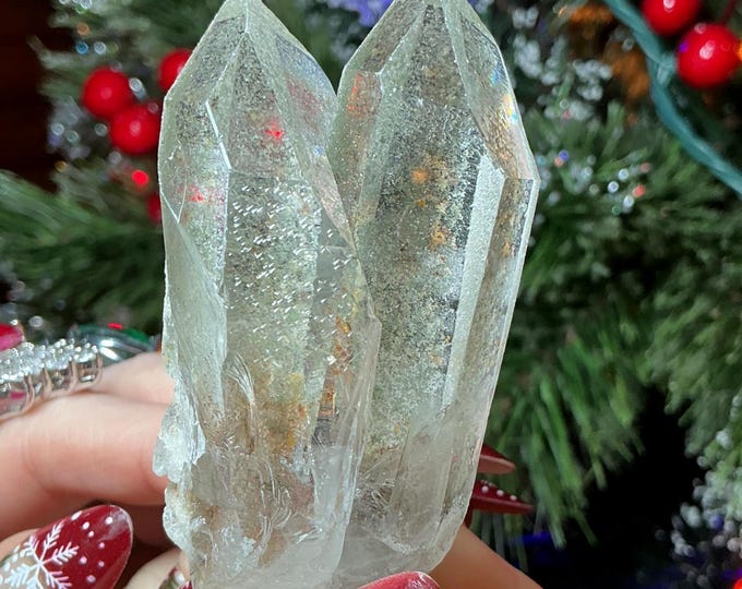 Clear Quartz Crystal Cluster ~ Gem Cut Twin Points ~ 3" Long ~ Big 3.3 oz. ~ Green Chlorite Inclusions, Silver phantoms