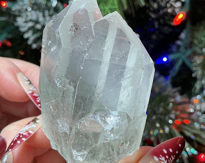 Clear Quartz Crystal Cluster ~ Natural Gem Cut Twin Points ~ 2 1/2" Long ~ Big 3.8 oz. ~ Green Chlorite Inclusions, Silver phantoms