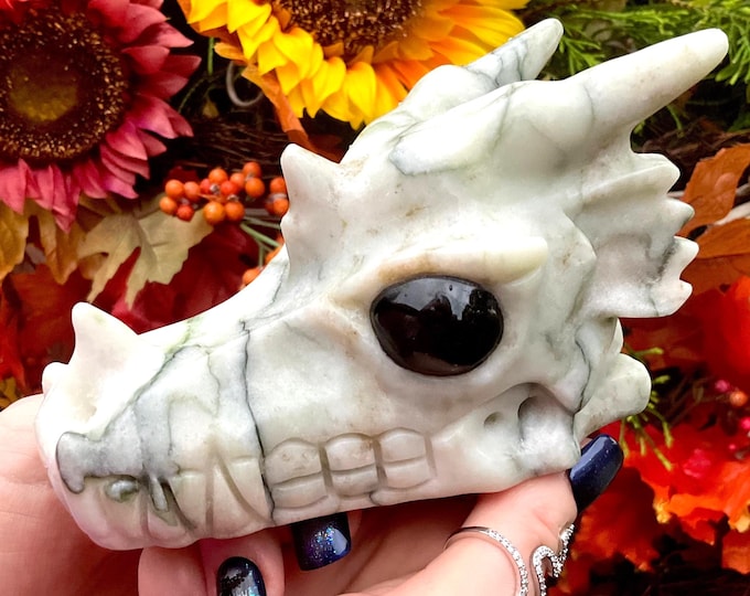 Moss Agate Dragon Crystal Skull ~ Large 1 Lb. 9 oz. ~ 5" Long ~ Hand Carved, Obsidian Eyes ~ Swirling Green & White Colors ~